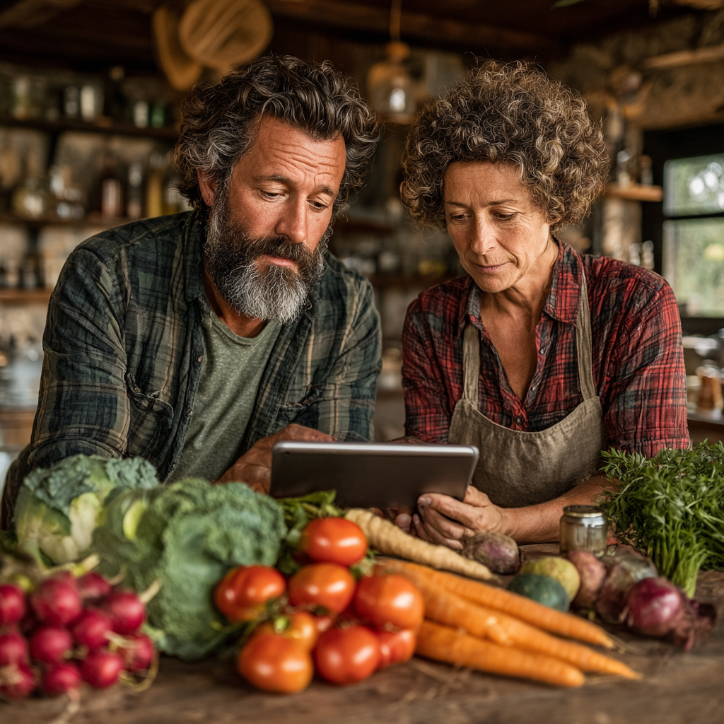 Чоловік 56 років та жінка 54 років разом планують меню за кухонним столом з планшетом та свіжими продуктами