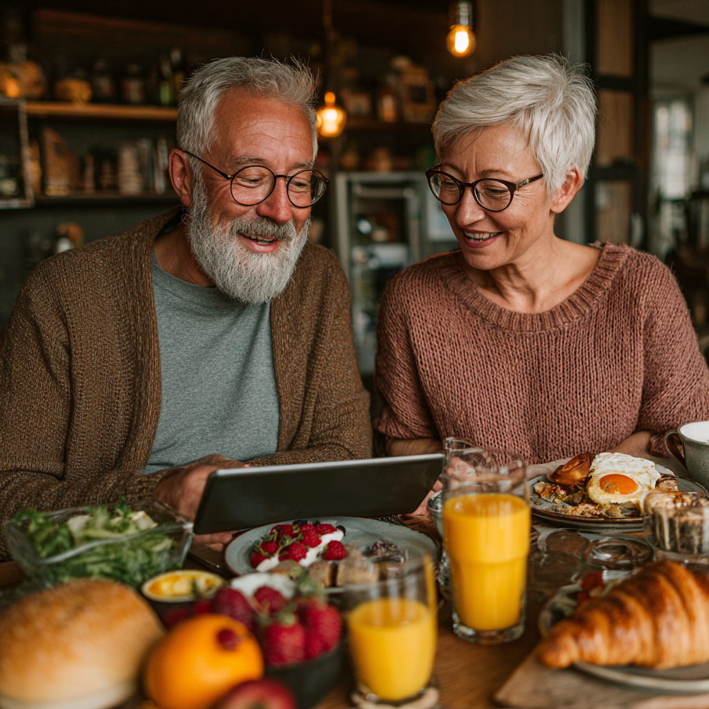 Пара віком 59 та 61 рік насолоджується здоровим сніданком за столом, усміхаючись та обговорюючи меню на планшеті