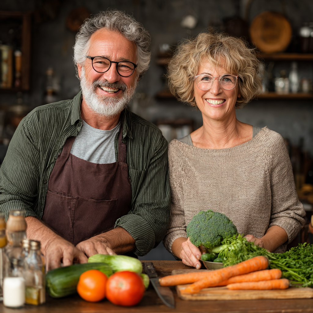 Чоловік 55 років та жінка 52 років разом готують здорову їжу на кухні, усміхаючись та тримаючи свіжі овочі