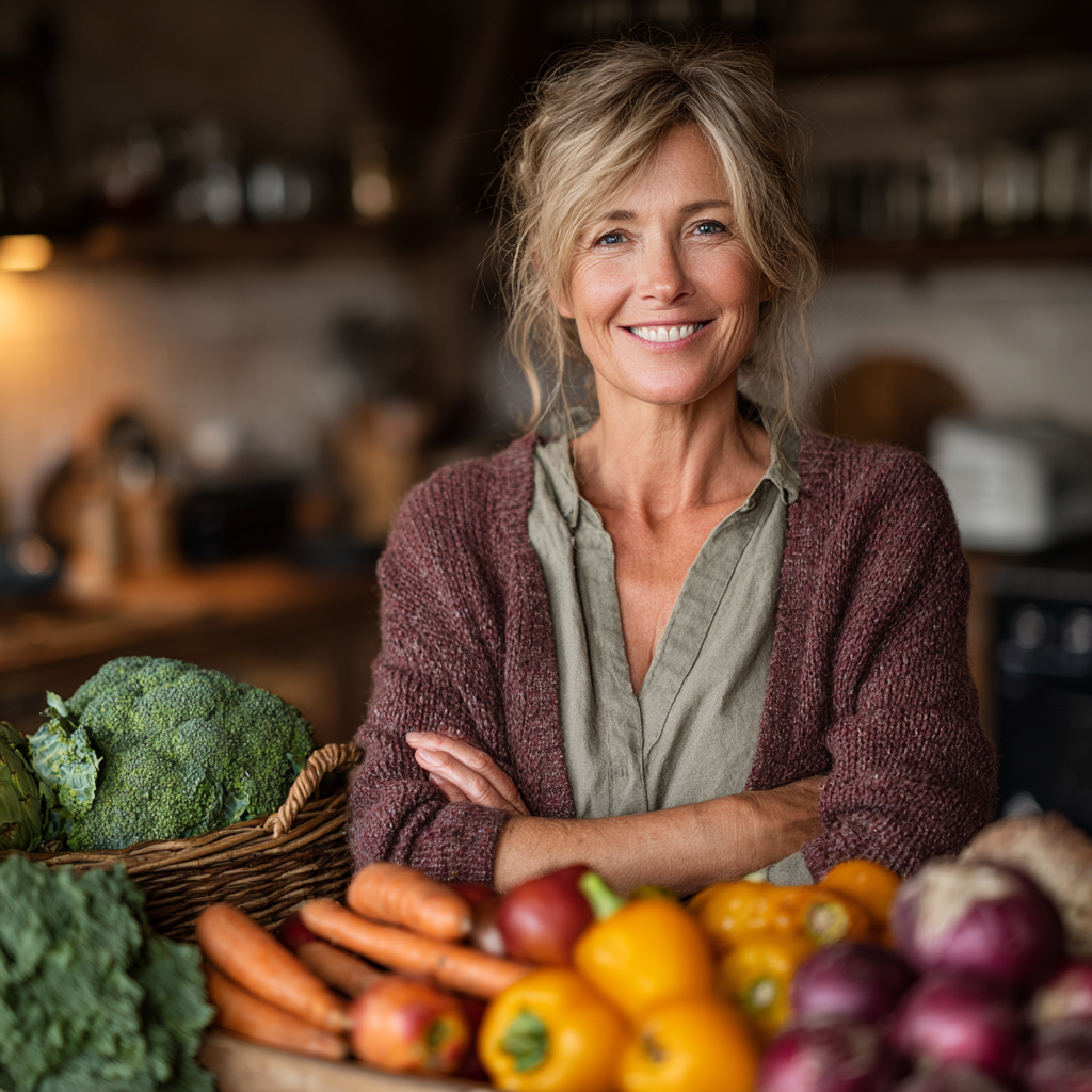 Жінка 58 років показує здорову їжу, стоячи біля кухонного столу з різноманітними свіжими продуктами
